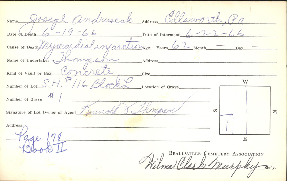 Joseph Andruscak burial card